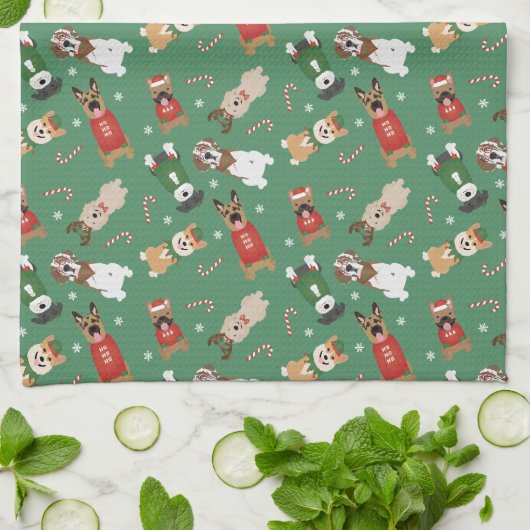 Weihnachtshunde Muster Red Green Geschirrtuch (Gefaltet)