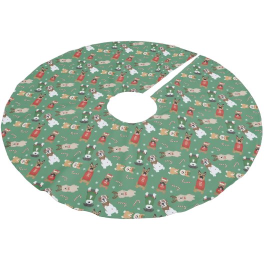 Weihnachtshunde Muster Red Green Polyester Weihnachtsbaumdecke (Schrägansicht)