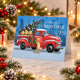 Weihnachtshunde Vintage-Roter LKW Familienname Feiertagskarte