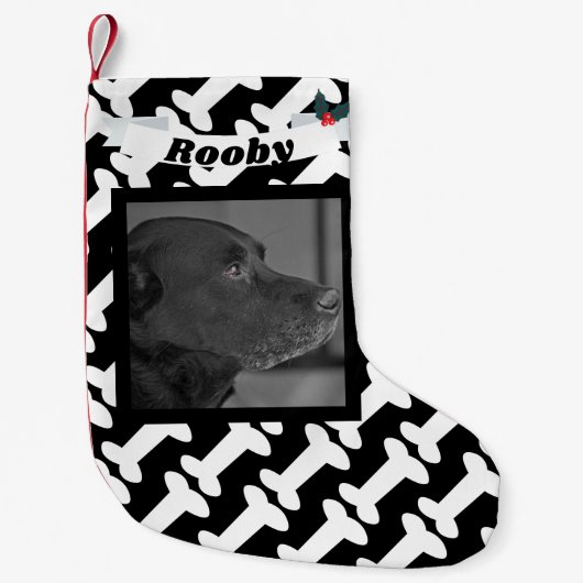 WeihnachtshundeFoto schwarz u. weißer Knochen-Name Kleiner Weihnachtsstrumpf (Vorderseite)