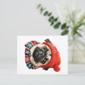 Weihnachtshut niedlicher Mops Postkarte (Stehend Vorderseite)