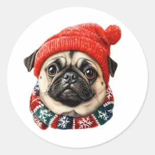 Weihnachtshut niedlicher Mops Runder Aufkleber