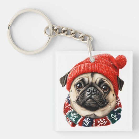 Weihnachtshut niedlicher Mops Schlüsselanhänger (Vorderseite)