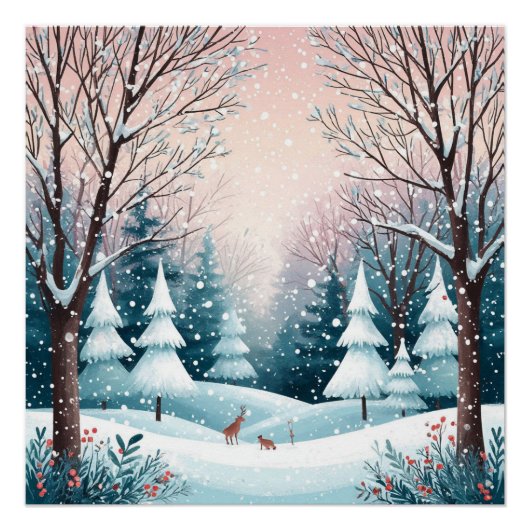 Weihnachtshütte im Schnee mit leuchtendem Baum Poster (Vorderseite)