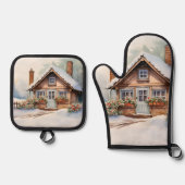 Weihnachtshütte in Schneelandschaft Ofenhandschuh & Topflappen-Set (Vorderseite)