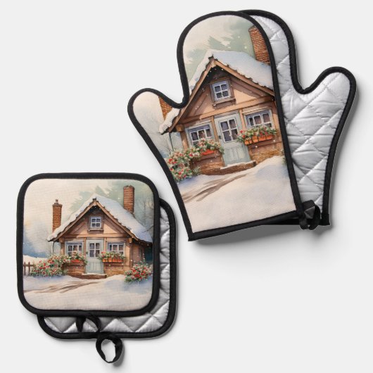 Weihnachtshütte in Schneelandschaft Ofenhandschuh & Topflappen-Set (Vorderseite/Rückseite)