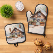 Weihnachtshütte in Schneelandschaft Ofenhandschuh & Topflappen-Set (Oben Unten)