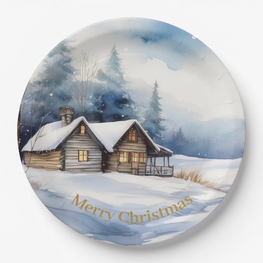 Weihnachtshütte in Schneelandschaft Pappteller (Vorderseite)