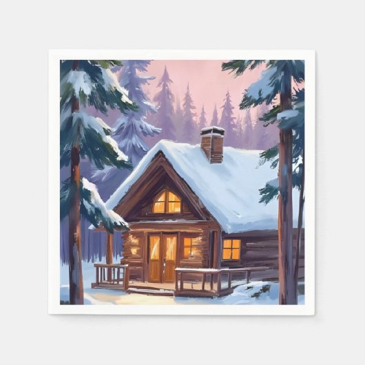 Weihnachtshütte Wald Winter Schnee Urlaub Serviette (Vorderseite)