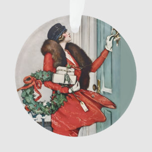 Weihnachtsillustration auf der Türschwelle im Vint Ornament