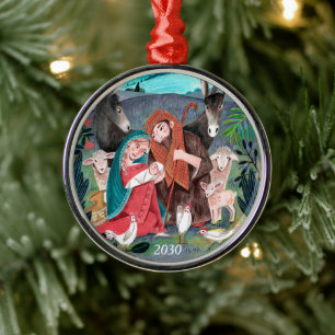 Weihnachtsillustration der Geburt Jesu Ornament Aus Metall