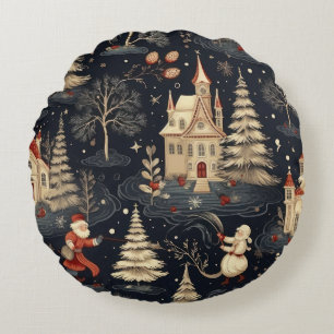 Weihnachtsillustrationsmuster im Vintage-Stil Rundes Kissen