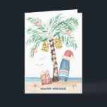 Weihnachtsinsel Palm Surf Santa Tropical Beach Feiertagskarte<br><div class="desc">Die Weihnachtskarte zum Thema Strand umfasst einen Weihnachtsbaum aus Palmen (mit Ornamenten und Lichtern dekoriert) auf einer tropischen Insel mit einer Weihnachtsmannmütze,  die auf einem Surfbrett,  einem Geschenk,  Seestern,  Ozeanwellen,  Seevögel und einem "warmen Wunsch"-Empfang. Der Gruß und Name im Inneren kann personalisiert sein. Kunst von KL Stock</div>