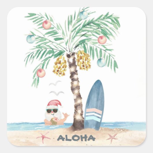 Weihnachtsinsel Palm Surf Santa Tropical Beach Quadratischer Aufkleber (Vorderseite)