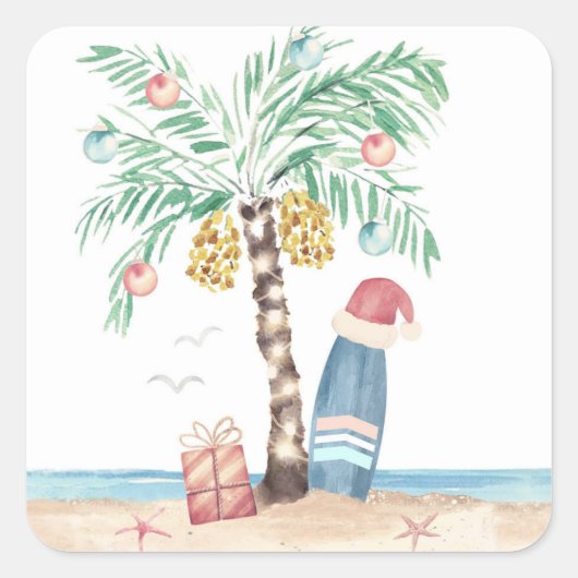 Weihnachtsinsel Palm Surf Santa Tropical Beach Quadratischer Aufkleber (Vorderseite)