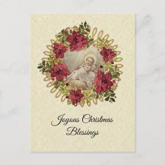 Weihnachtsjung Jesus in Manger Floral Pointsettia Postkarte (Vorderseite)