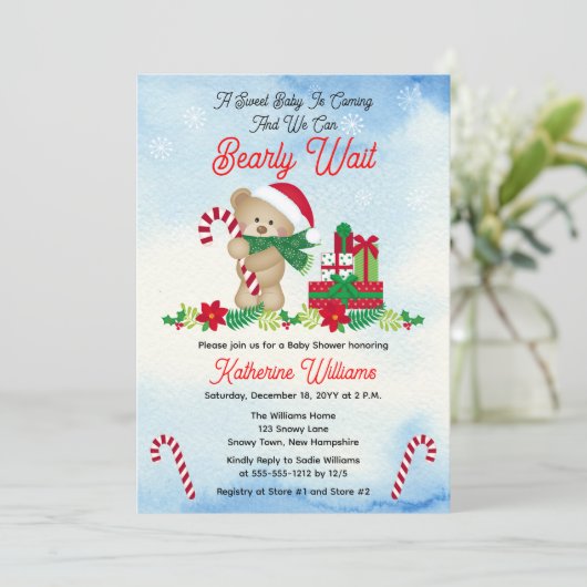Weihnachtsjunge Bear Bear Bearly Wait Baby Dusche Einladung (Stehend Vorderseite)