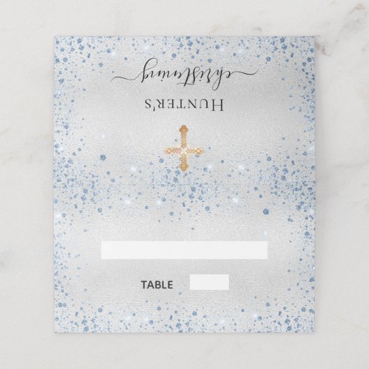 Weihnachtsjunge der Glitzern in Silberblau-Glitzer Platzkarte (Außenseite Aufgefaltet)