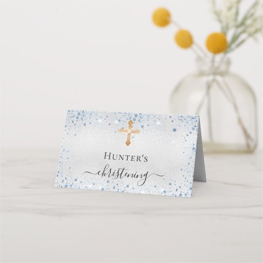 Weihnachtsjunge der Glitzern in Silberblau-Glitzer Platzkarte (Rückseite)