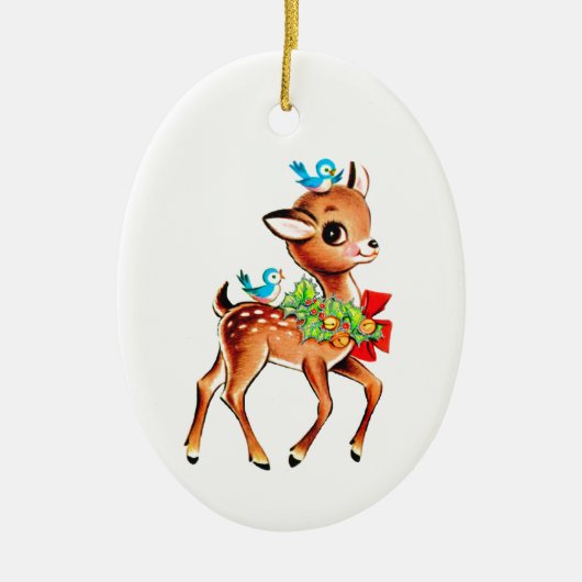 Weihnachtsjunge Hirschgewächse mit Vögeln auf dem Keramik Ornament (Vorne)