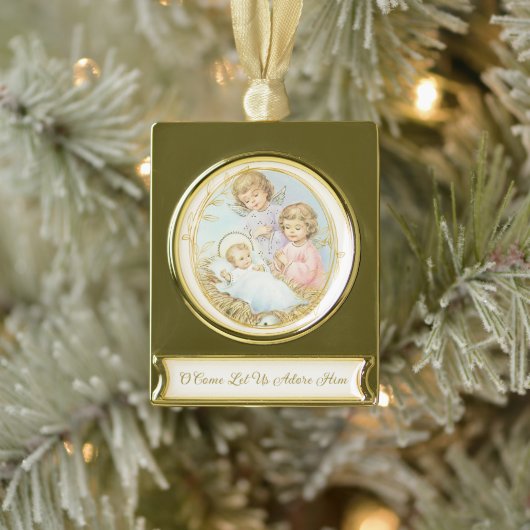Weihnachtsjunge Jesus mit Engel Pastel Banner-Ornament Gold (Baum)