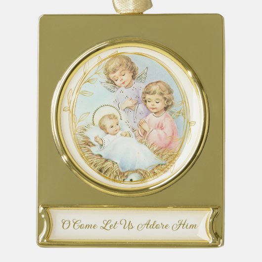 Weihnachtsjunge Jesus mit Engel Pastel Banner-Ornament Gold (Vorderseite)