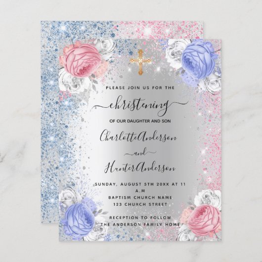 Weihnachtsjunge Mädchen blau pink Silber Einladung (Vorne/Hinten)