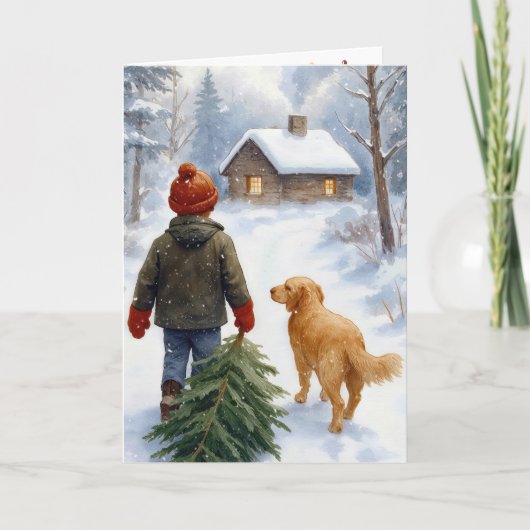 Weihnachtsjunge mit Kiefernbaum und Hund Karte (Vorderseite)