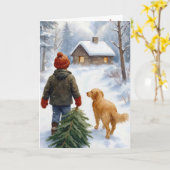 Weihnachtsjunge mit Kiefernbaum und Hund Karte (Gelbe Blume)