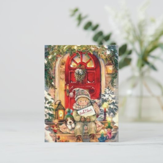 Weihnachtsjunge und Hund Feiertagspostkarte (Stehend Vorderseite)