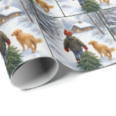 Weihnachtsjunge zieht einen immergrünen Baum nach Geschenkpapier (Rolleneckpunkt)
