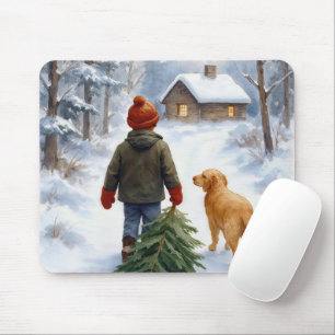 Weihnachtsjunge zieht einen immergrünen Baum nach Mousepad