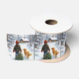 Weihnachtsjunge zieht einen immergrünen Baum nach  Satinband