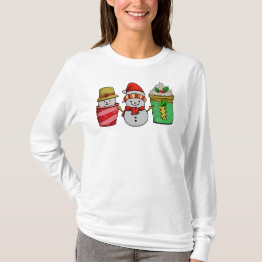 Weihnachtskaffee Cups Snowman Long Sleeve T-Shirt (Vorderseite)