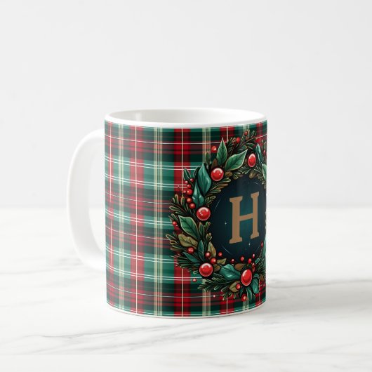 Weihnachtskaffee Kariert Gold Monogram Kaffeetasse (Vorderseite Links)