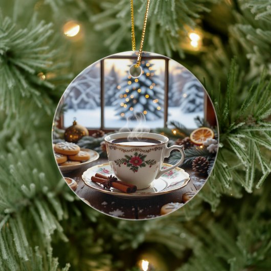 Weihnachtskaffee und Cookies Winterfensterwelt Keramik Ornament (Baum)