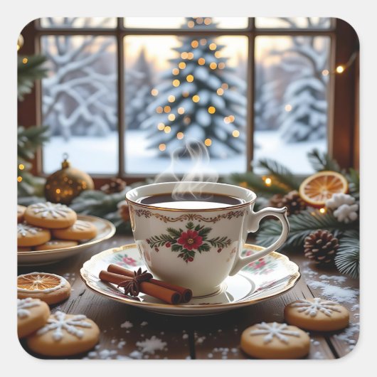 Weihnachtskaffee und Cookies Winterfensterwelt Quadratischer Aufkleber (Vorderseite)