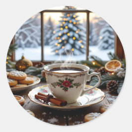 Weihnachtskaffee und Cookies Winterfensterwelt Runder Aufkleber