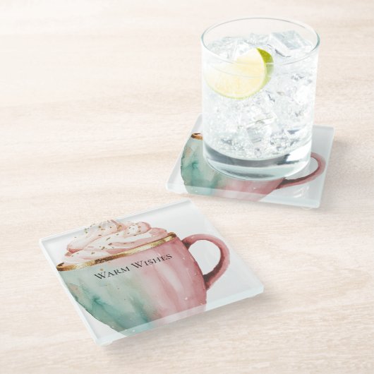Weihnachtskakao Gold Pink Minze Warme Wünsche Glasuntersetzer (Schrägansicht)