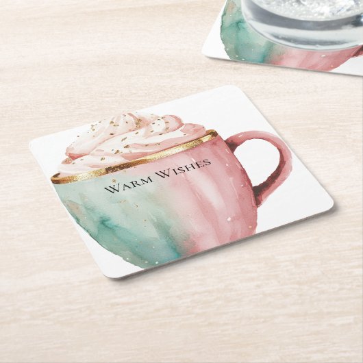 Weihnachtskakao Gold Pink Minze Warme Wünsche Rechteckiger Pappuntersetzer (angewinkelt)