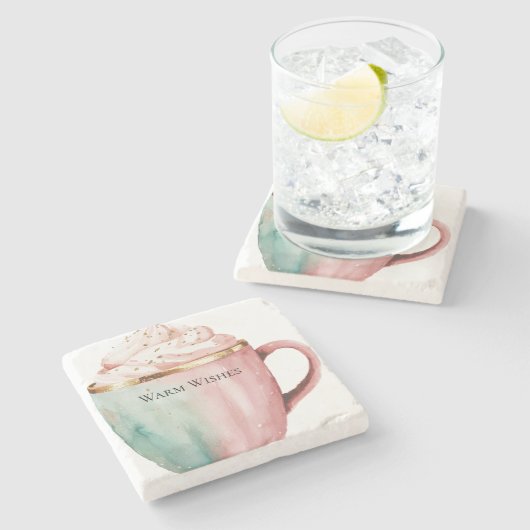 Weihnachtskakao Gold Pink Minze Warme Wünsche Steinuntersetzer (Seitenansicht)