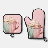 Weihnachtskakao Gold Rosa Minze Warme Wünsche Ofenhandschuh & Topflappen-Set (Vorderseite)