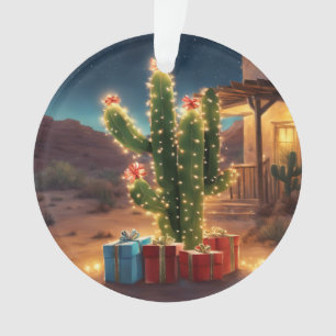 Weihnachtskaktus mit Geschenken vor einem Haus Ornament