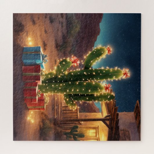Weihnachtskaktus mit Geschenken vor einem Haus Puzzle (Horizontal)