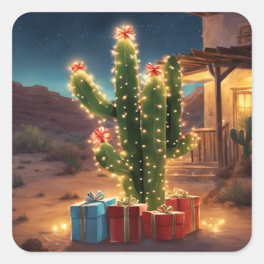 Weihnachtskaktus mit Geschenken vor einem Haus Quadratischer Aufkleber (Vorderseite)
