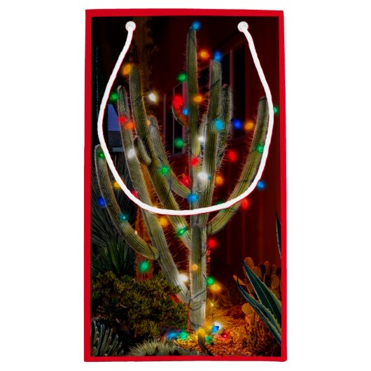 Weihnachtskaktus mit leuchtenden Lichtern Kleine Geschenktüte (Rückseite)