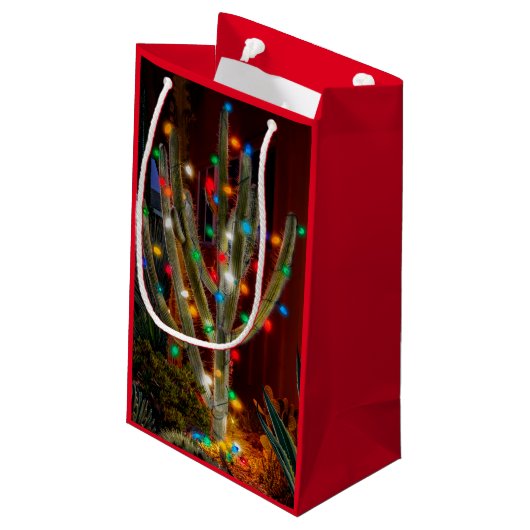 Weihnachtskaktus mit leuchtenden Lichtern Kleine Geschenktüte (Rückseite Schrägansicht)