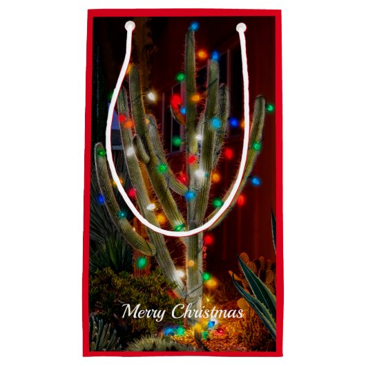 Weihnachtskaktus mit leuchtenden Lichtern rote Ges Kleine Geschenktüte (Vorderseite)