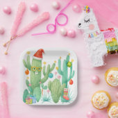 Weihnachtskaktus mit Weihnachtsmannmütze & Ornamen Pappteller (Party)