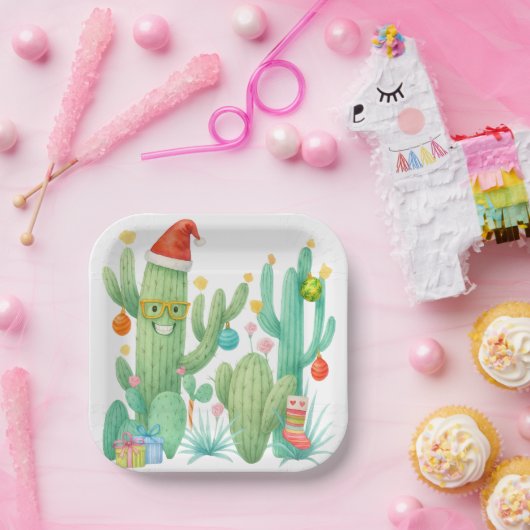 Weihnachtskaktus mit Weihnachtsmannmütze & Ornamen Pappteller (Party)